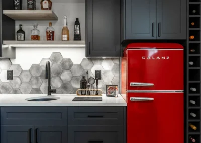modern wet bar with retro galanz fridge by Saskatoon basement developer Axium Interiors